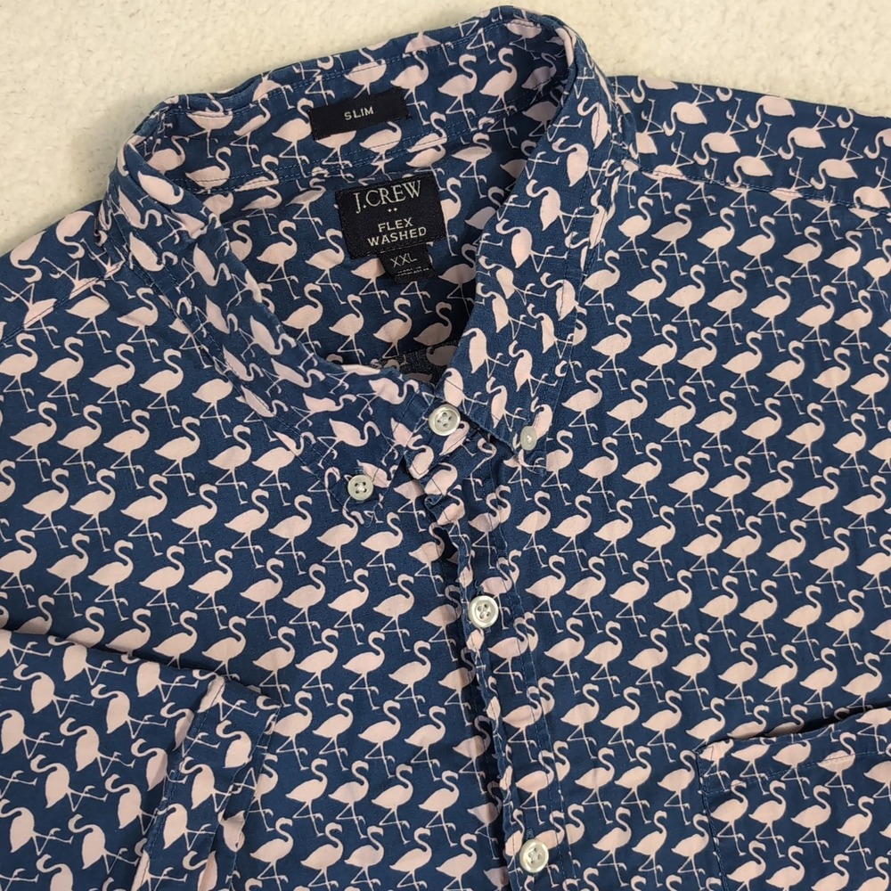 J.Crew Shirt 2XL Flex Washed Blue Flamingo Slim Fit Button Down Pocket Preppy